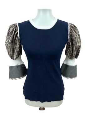 Modcloth Madras Plaid Colorblock Puff Sleeve Sweater